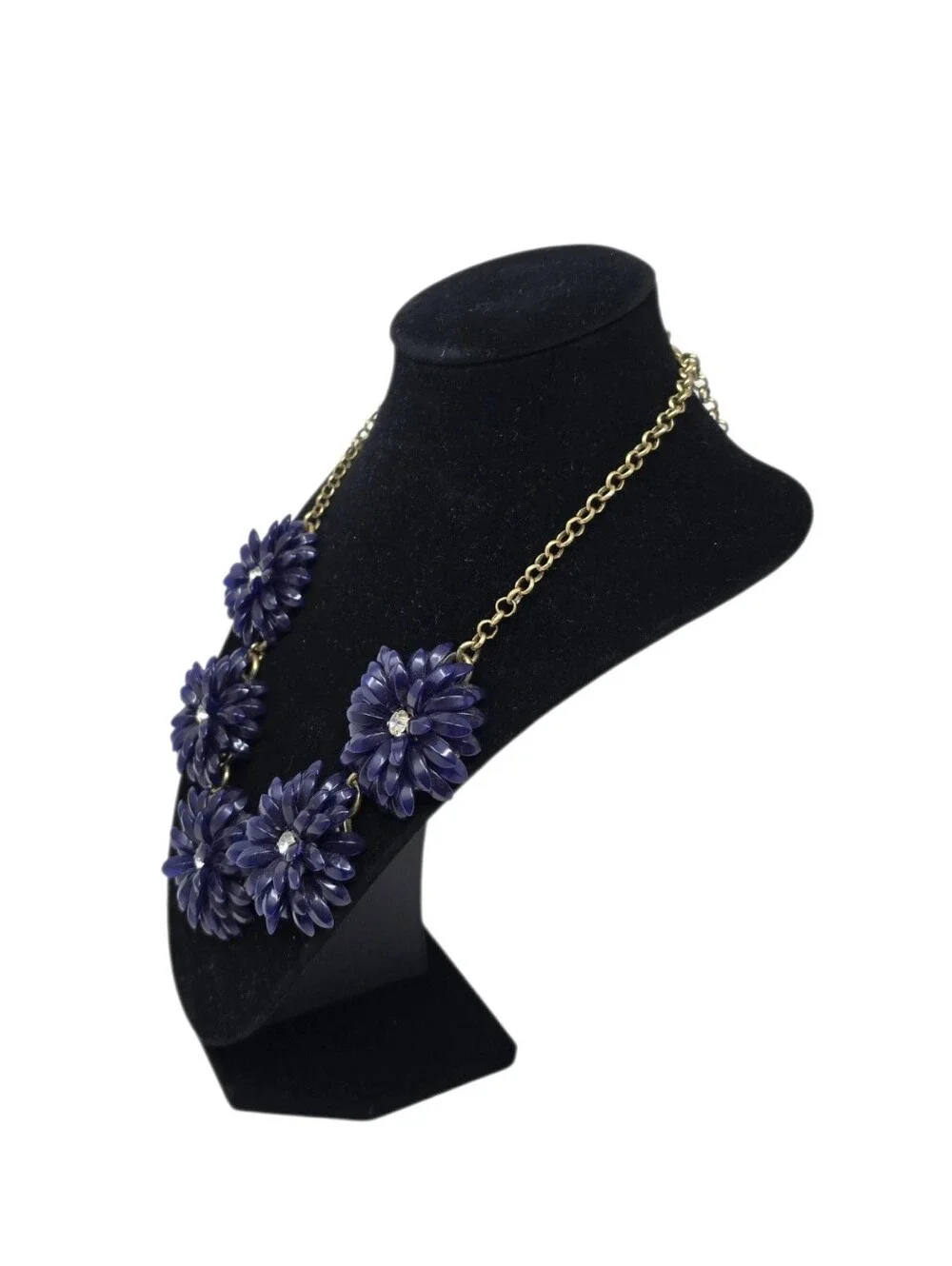 J Crew Articulated Petals & Rhinestone Gold Tone Chain Statement Necklace Navy